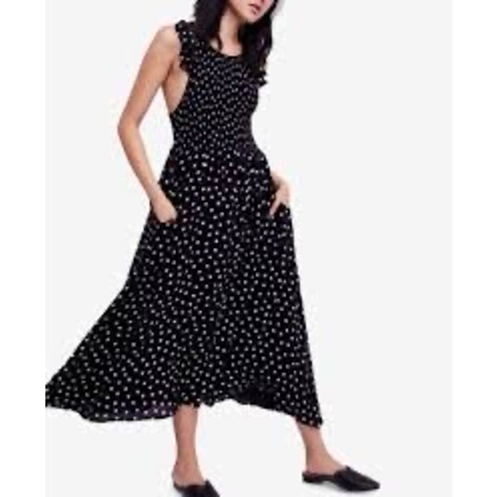 Free People Polka Dot Smocked Midi Dress Ruffle Sleeve Cottagecore Coquette Boho